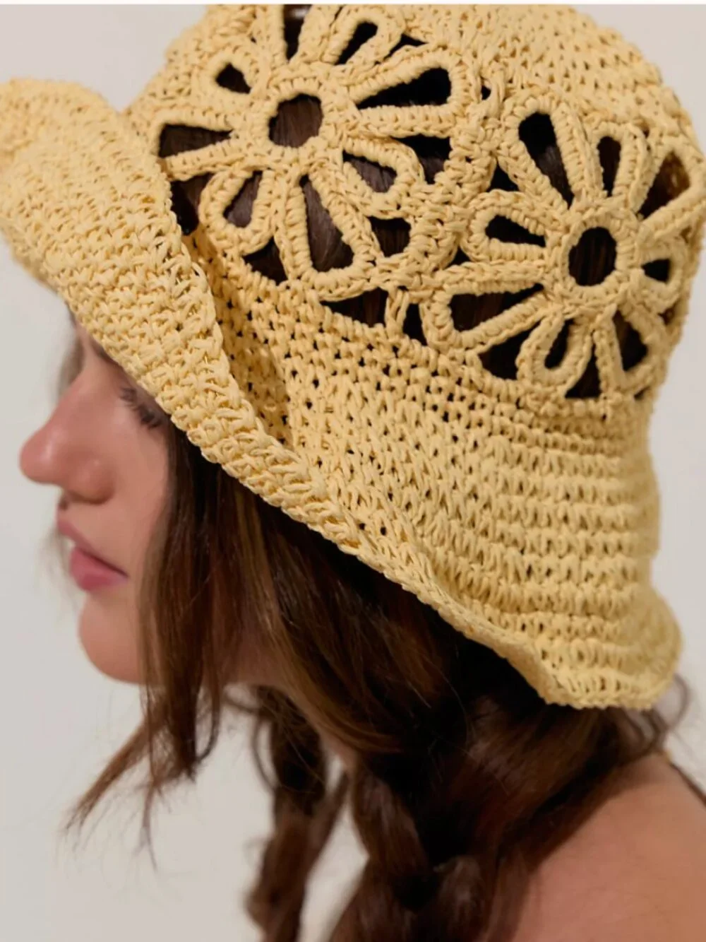 Haute Hippie Daisy Cut Out Straw Bucket Hat Natural